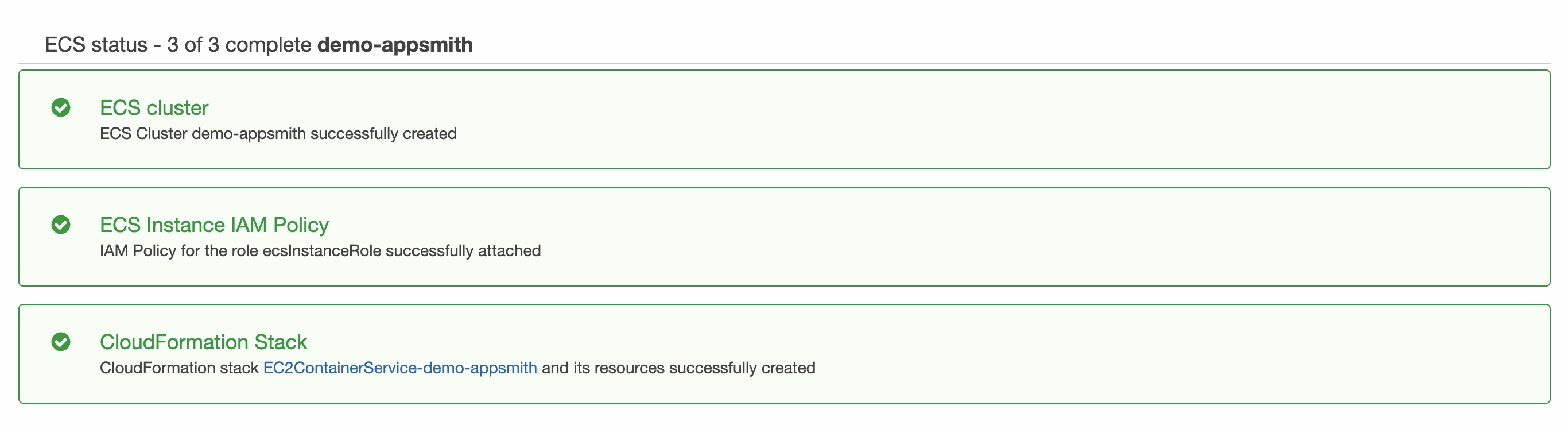 A launch status screen shows the ECS Cluster status